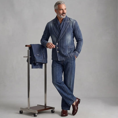 Men's Navy Blue Striped Denim Peak Lapel Asymmetric Single Breasted Blazer