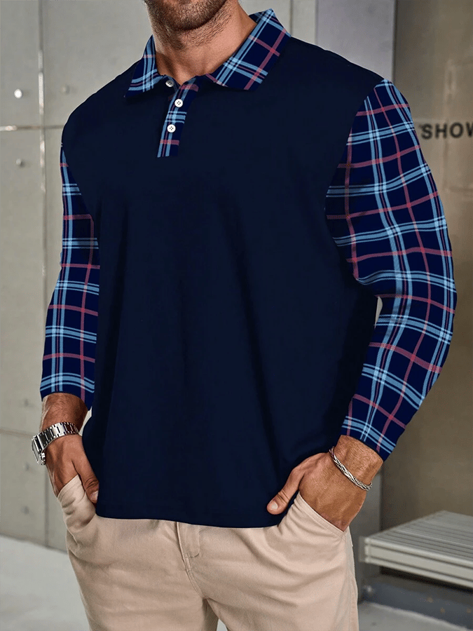 Men's Plaid Business Casual Long Sleeve Polo Shirt