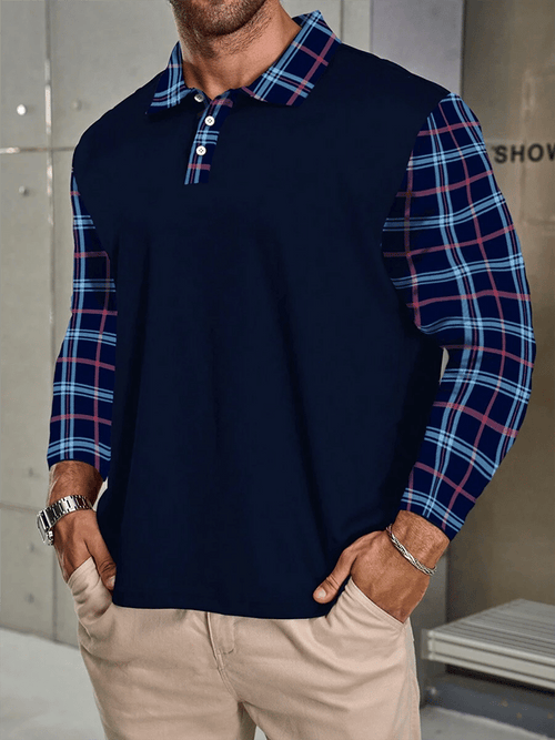 Men's Plaid Business Casual Long Sleeve Polo Shirt