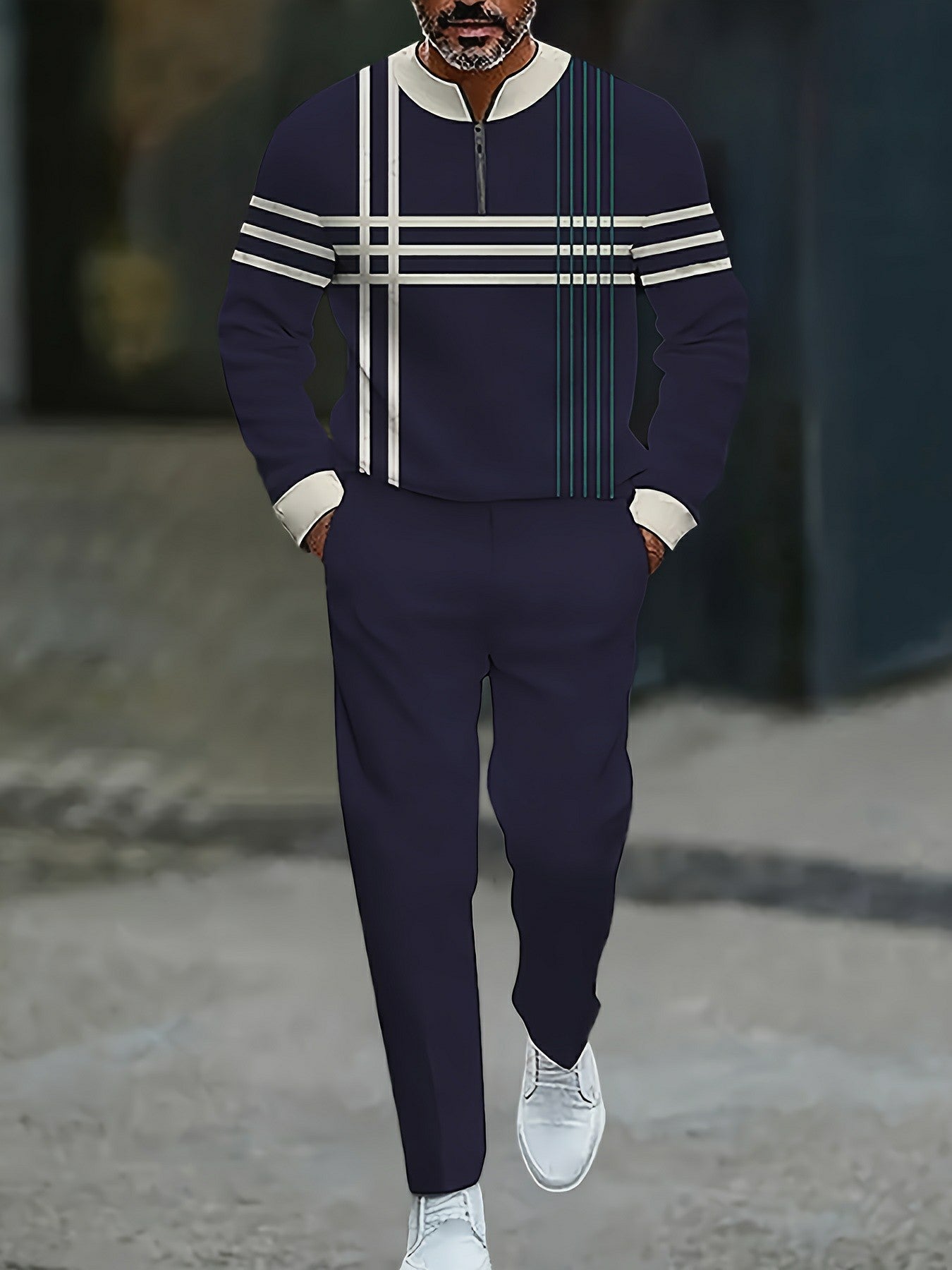 Men's Casual Navy Blue & Apricot Color Matching Striped Printed Round-Neck Zipper Long Sleeved Trousers Two-Piece Set
