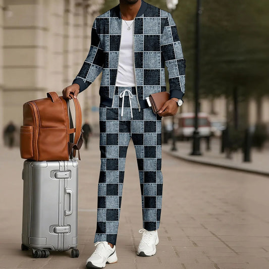 Men's Two-Piece Set: Color-Blocked Printed Zip-Up Cardigan and Pants