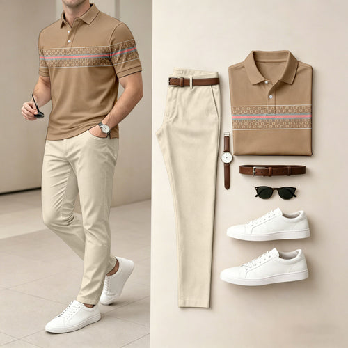 Men's Casual Brown Printed Polo Shirt And Pants Two-Piece Set