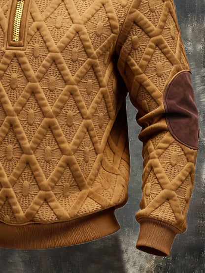 Men's Retro Jacquard Textured Patchwork Comfortable Color-Blocked Zip-Up Sweatshirt