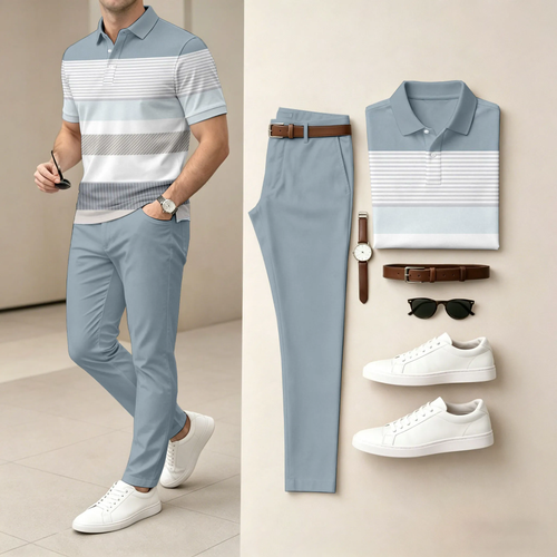 Men's Casual Color-Blocked Stripes Printed Polo Shirt And Pants Two-Piece Set