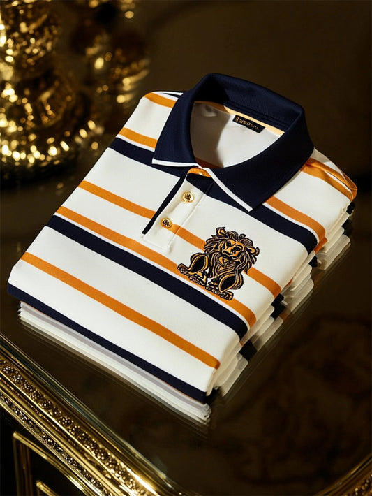 Men's Business Casual Striped Button Short Sleeve Polo Shirt