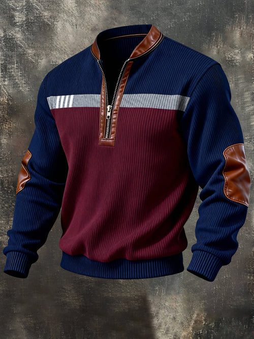Men's Vintage Color-Block Printed Zip-Up Hoodie