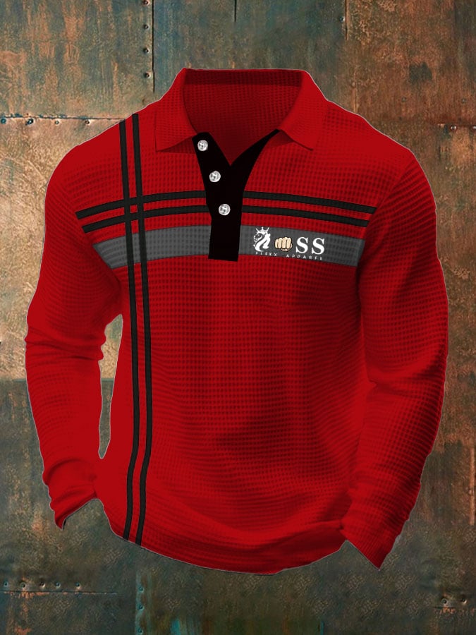 Men's Retro Lettering Design Waffle Fabric Long Sleeve Polo Shirt
