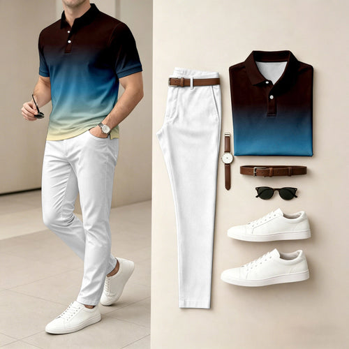 Men's  Ombré Color Short-Sleeve Polo Shirt and Pants Two-Piece Set