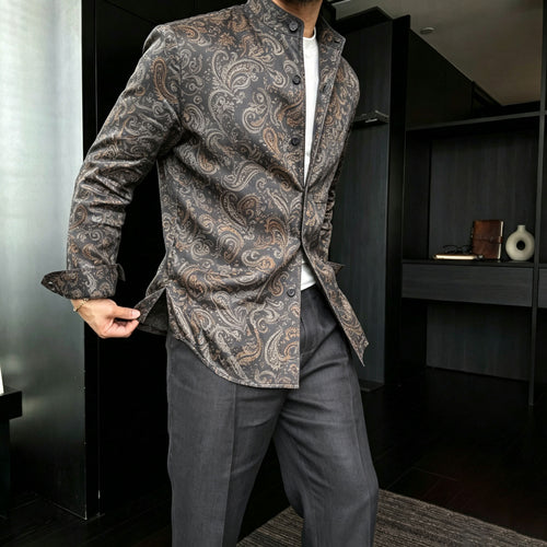 Men's Casual Paisley-Print Stand-Collar Long-Sleeve Shirt and Pants Two-Piece Set