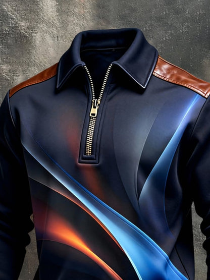 Men's Retro Color Block Print Color-Blocked Zip-Up Sweatshirt