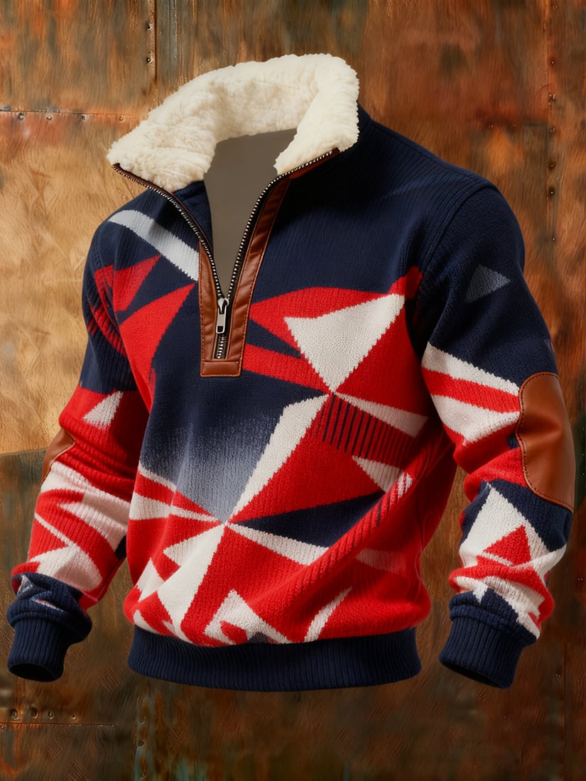 Men's Retro Geometric Quarter Zip Fleece Neck Sweatshirt