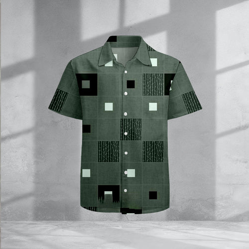 Men's Casual Lapel Dark Green Geometric Printed Short Sleeve Shirts