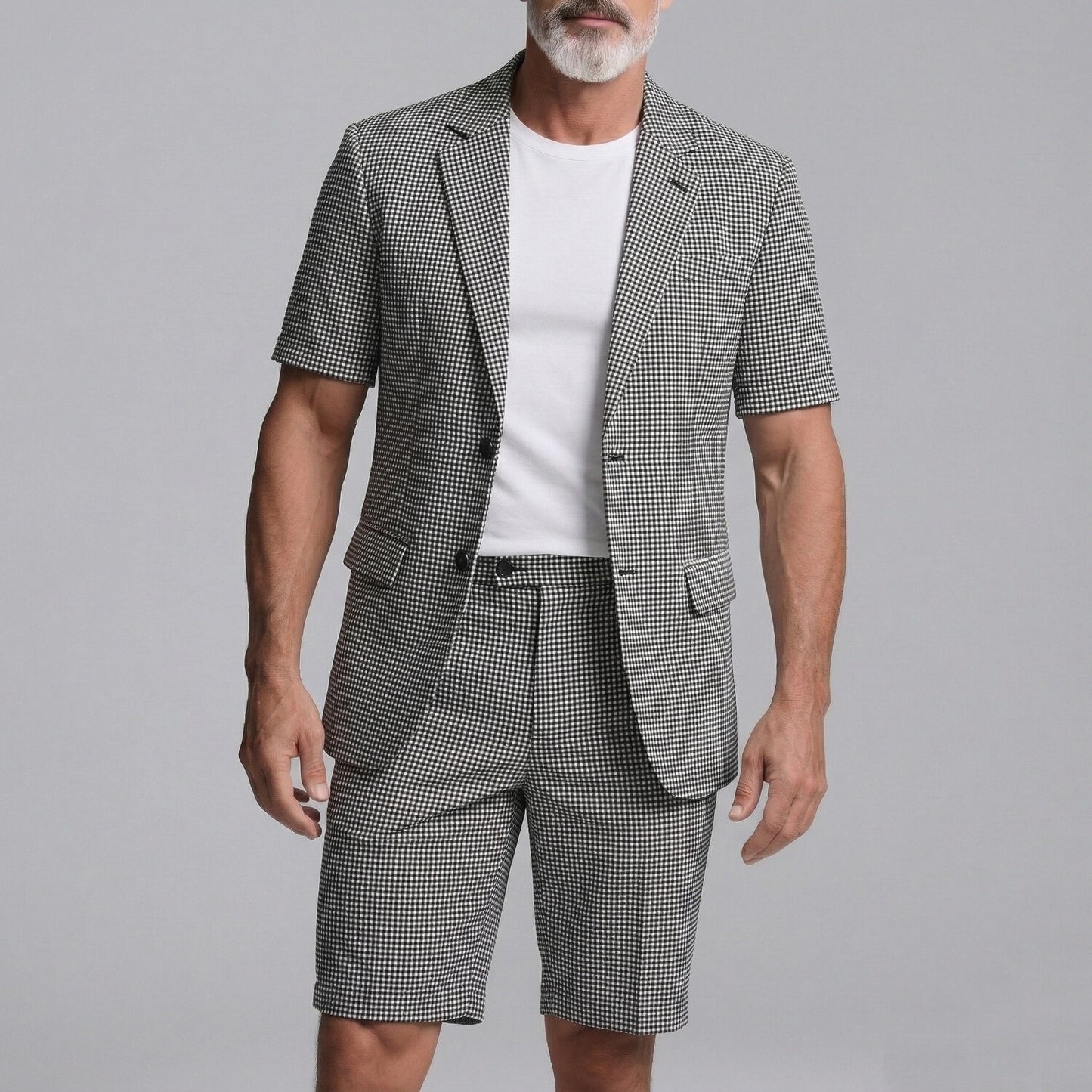 Men's Black Plaid Print Notched Lapel Short Sleeve Blazer & Shorts Business Casual 2Pcs Suit