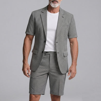 Men's Black Plaid Print Notched Lapel Short Sleeve Blazer & Shorts Business Casual 2Pcs Suit