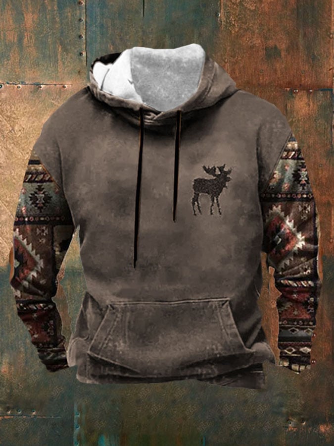 Men's Casual Western Print Long Sleeve Hooded Sweatshirt