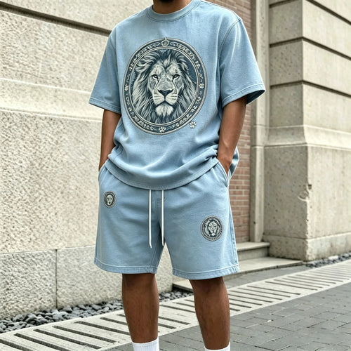 Men's Light Blue Lion-Print Round-Neck Short-Sleeve T-Shirt and Shorts Set