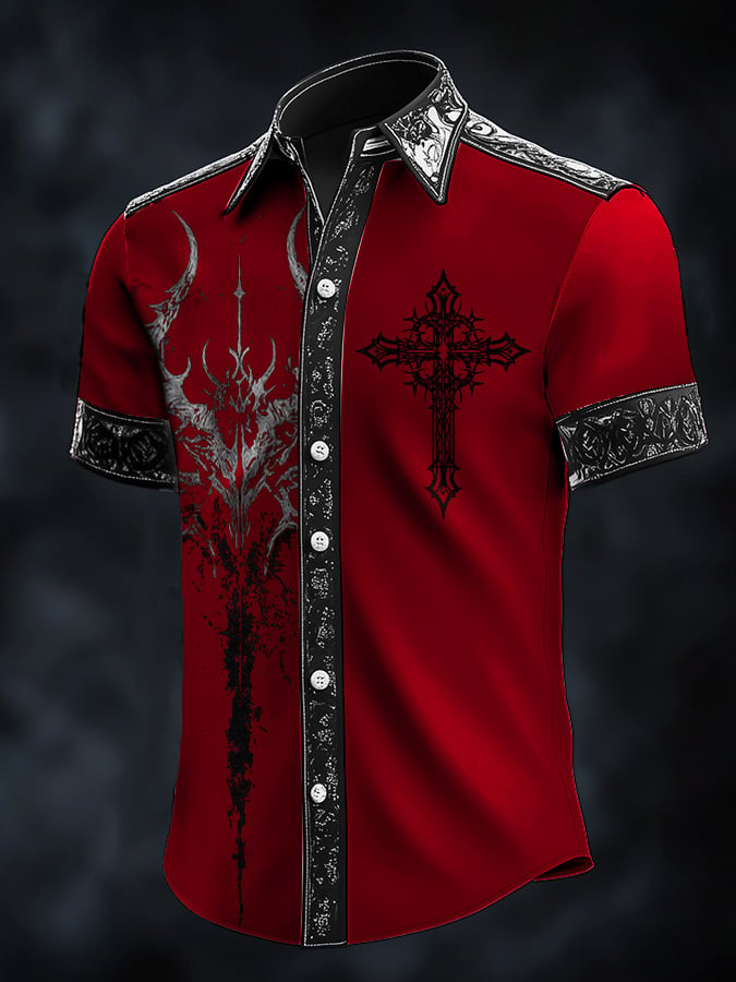 Men's Casual Fashion Dark Pattern Cross Crow Contrast Satin Shirt