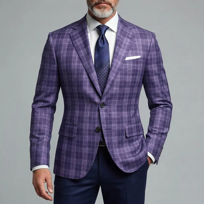 Men's Classic Formal Plaid Notched Lapel Two Button Long Sleeve Blazer