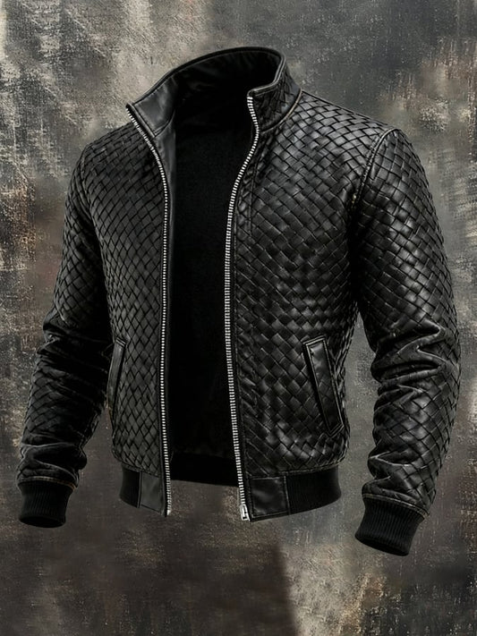 Men's Vintage-Style Woven Leather Jacket