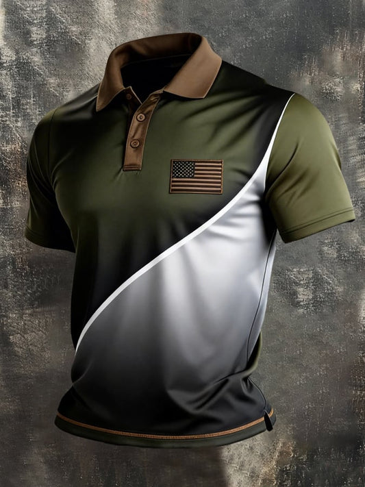 Men's Retro Patriot Color Block Polo Collar Short Sleeve