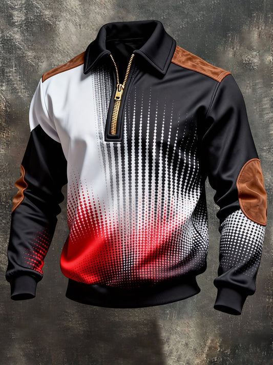 Men's Vintage Color-Block Printed Zip-Up Hoodie
