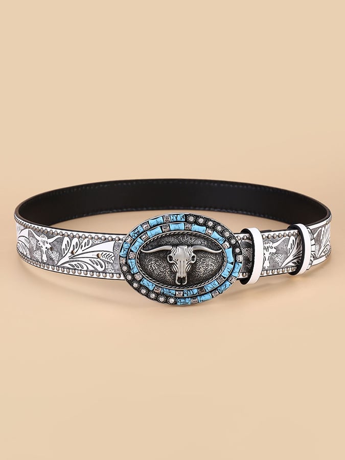 Retro Western Style Cow Head Beaded Embossed Decorative Belt