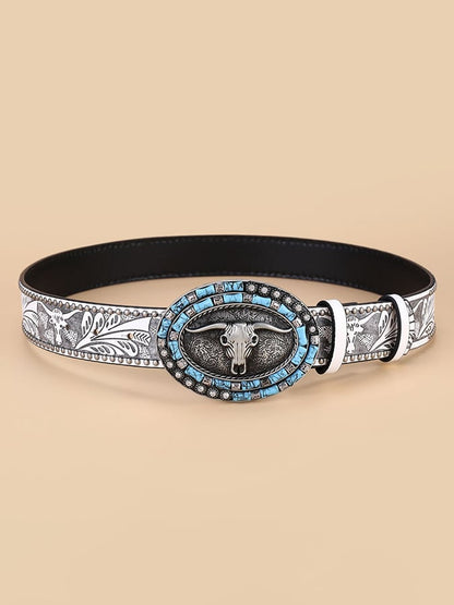 Retro Western Style Cow Head Beaded Embossed Decorative Belt
