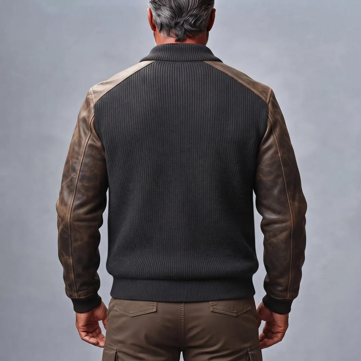 Men's Charcoal Ribbed Knit Shawl Lapel PU Leather Patchwork Long Sleeve Zipper Cardigan