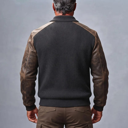 Men's Charcoal Ribbed Knit Shawl Lapel PU Leather Patchwork Long Sleeve Zipper Cardigan