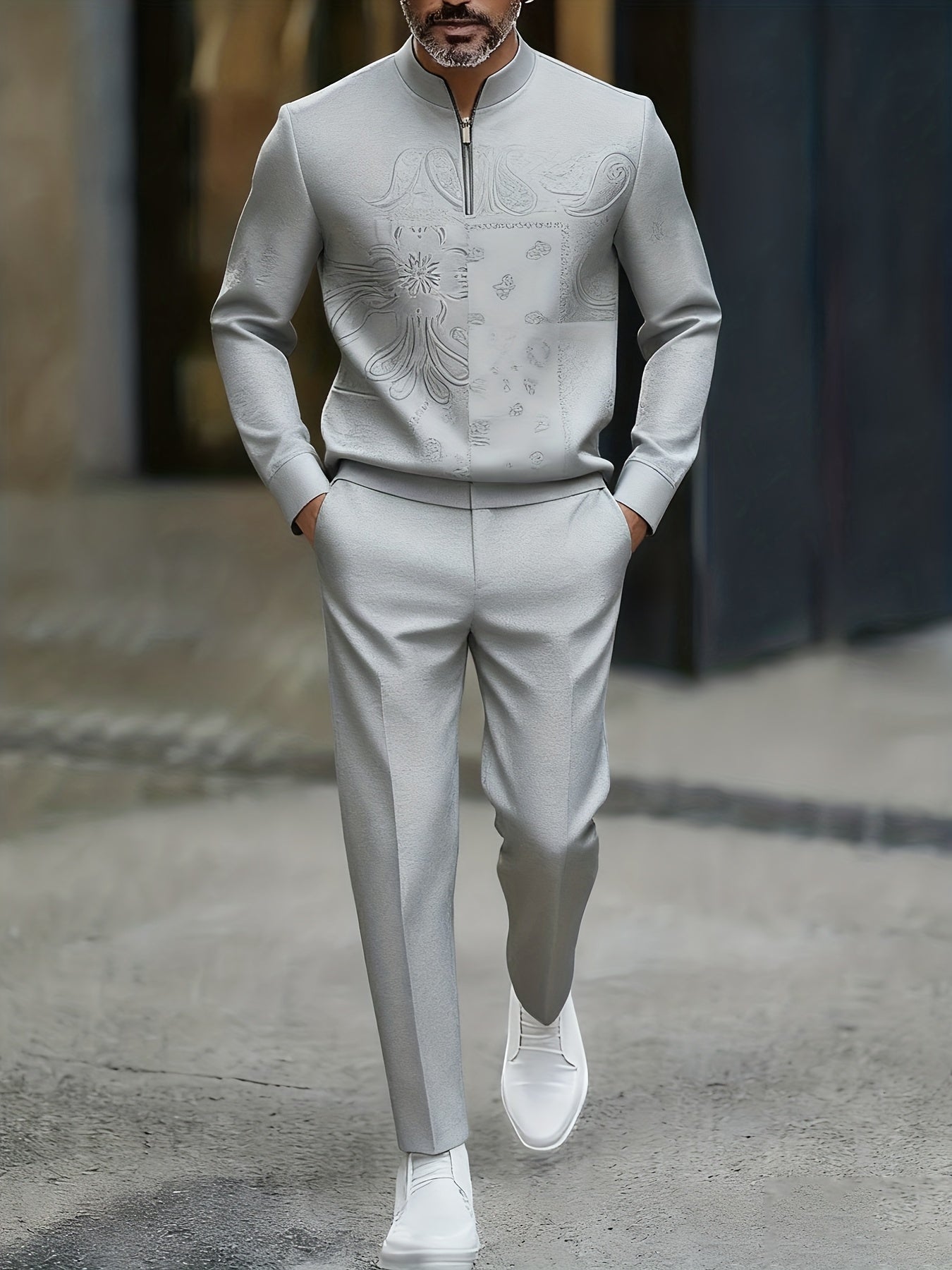 Men's Casual Color Matching Printed Round-Neck Zipper Long Sleeved Trousers Two-Piece Set