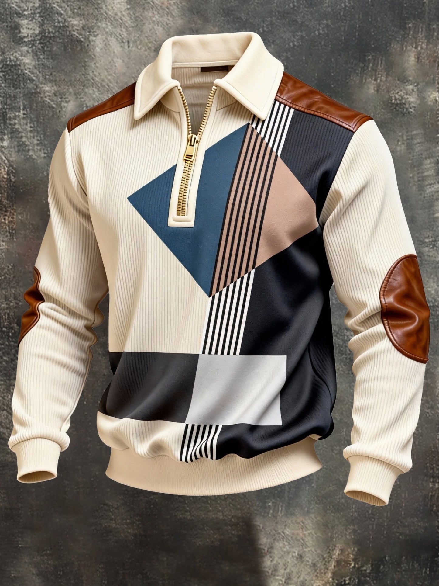 Men's Vintage Color-Block Printed Zip-Up Hoodie