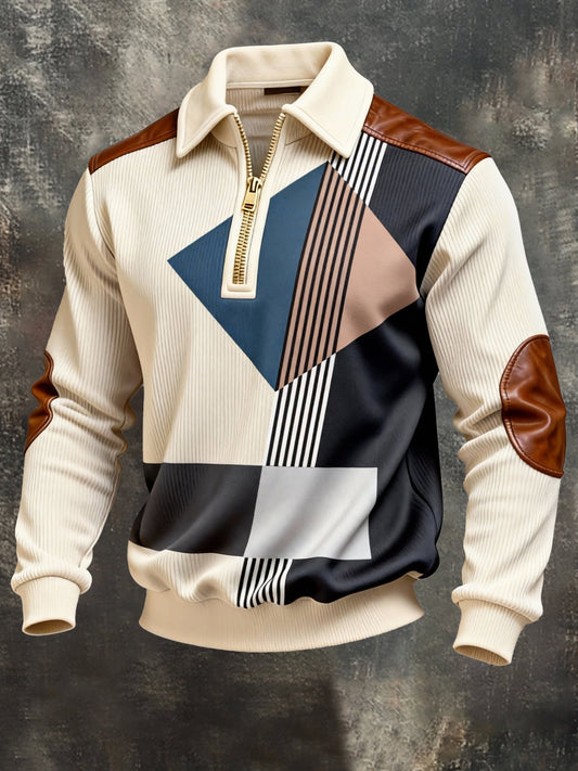 Men's Vintage Color-Block Printed Zip-Up Hoodie