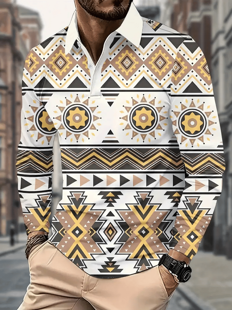 Men's Retro Business Stripe Print Long Sleeve POLO Shirt
