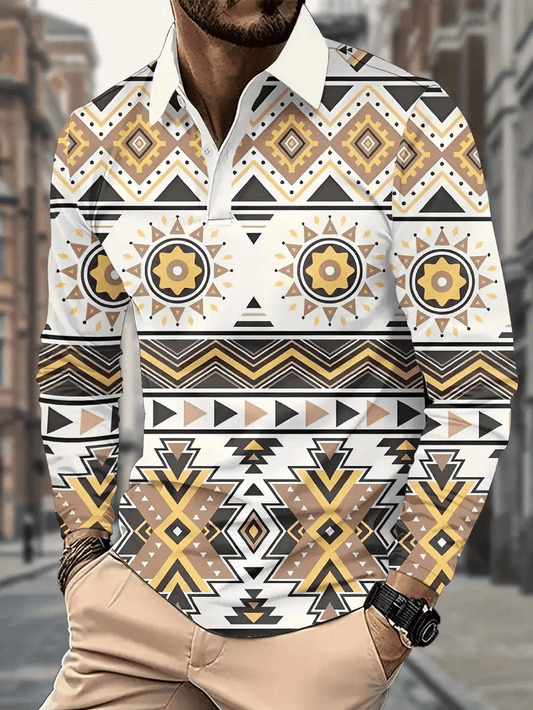 Men's Retro Business Stripe Print Long Sleeve POLO Shirt