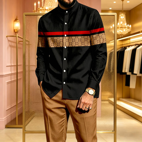 Men's Casual Two-Piece Set: Long-Sleeve Shirt with Printed Stand-Up Collar and Chest Strap, and Pants