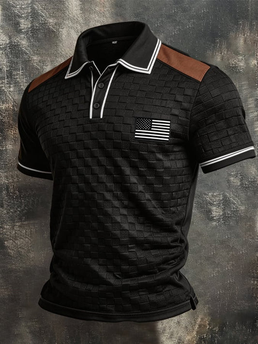 Men's Retro Textured Color-Blocked Polo Collar Short Sleeves