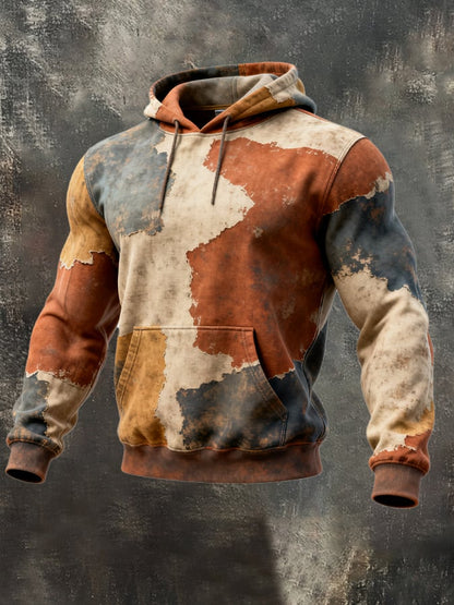 Men's Retro Distressed Color Block Print Casual Long Sleeve Sweatshirt