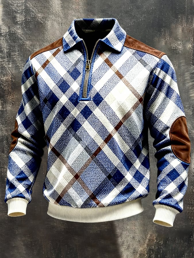 Men's Retro Color Block Print Color-Blocked Zip-Up Sweatshirt