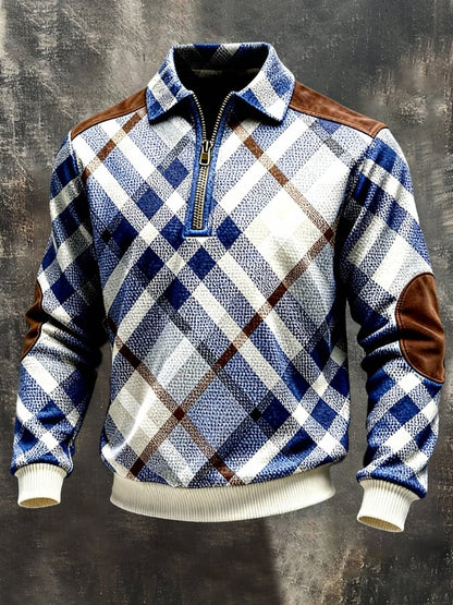 Men's Retro Color Block Print Color-Blocked Zip-Up Sweatshirt