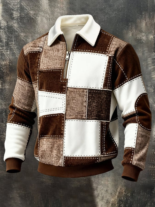 Men's Retro Color Block Print Color-Blocked Zip-Up Sweatshirt
