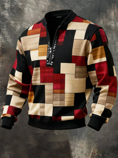 Men'S Casual Retro Contrast Color Half Zip Stand Collar Long Sleeve Sweatshirt