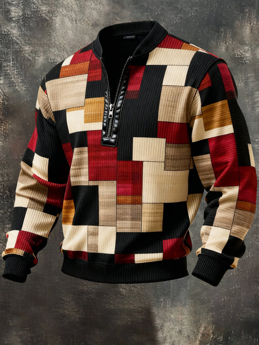 Men'S Casual Retro Contrast Color Half Zip Stand Collar Long Sleeve Sweatshirt