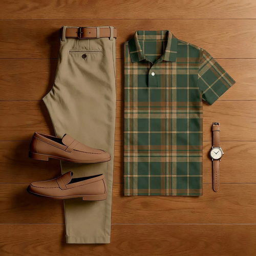 Men's Casual Green & Brown Plaid Print Short-Sleeved Polo Shirt And Trousers Two-Piece Set