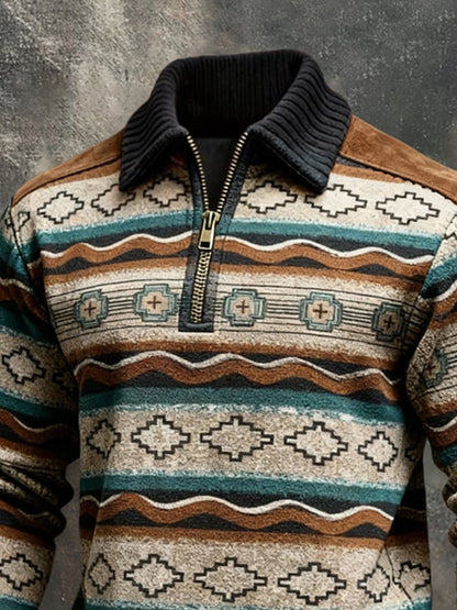 Men's Retro Color Block Print Color-Blocked Zip-Up Sweatshirt