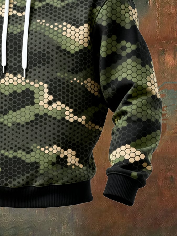 Men's Retro Distressed Color Block Camouflage Print Casual Long Sleeve Sweatshirt