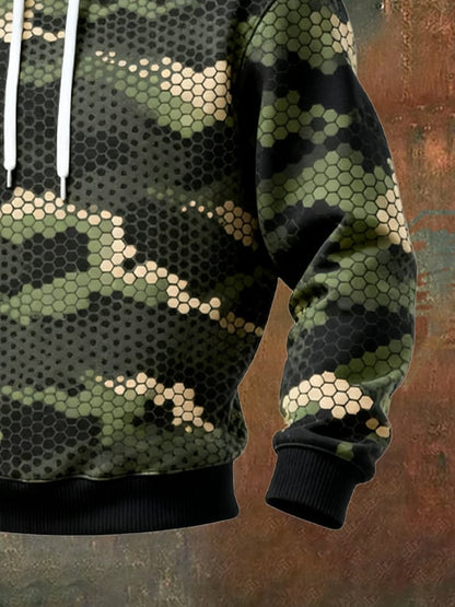 Men's Retro Distressed Color Block Camouflage Print Casual Long Sleeve Sweatshirt