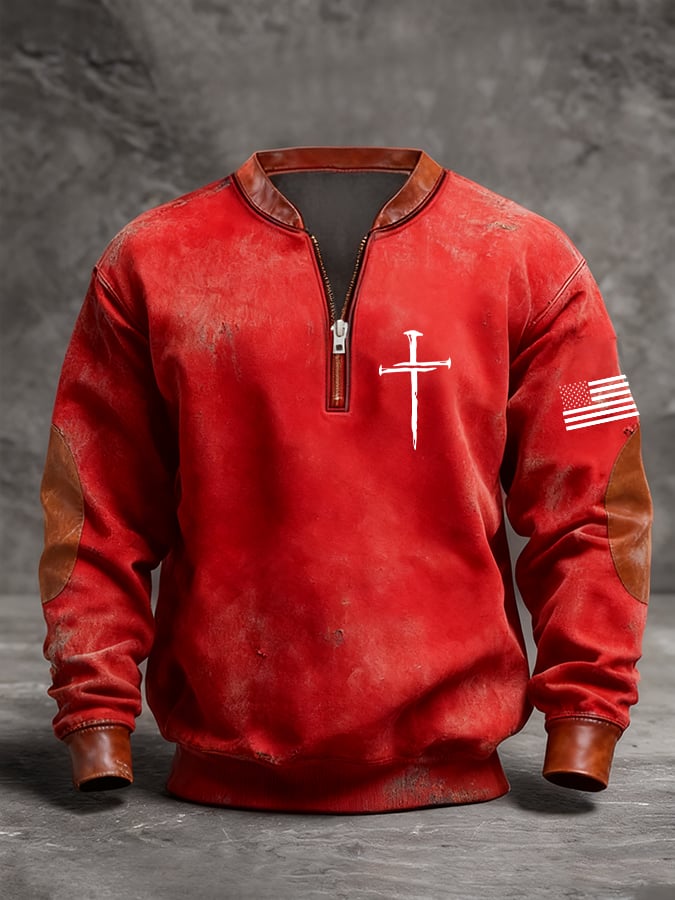 Men's Retro Faith Cross Print Zipper Stand Collar Long Sleeve Sweatshirt