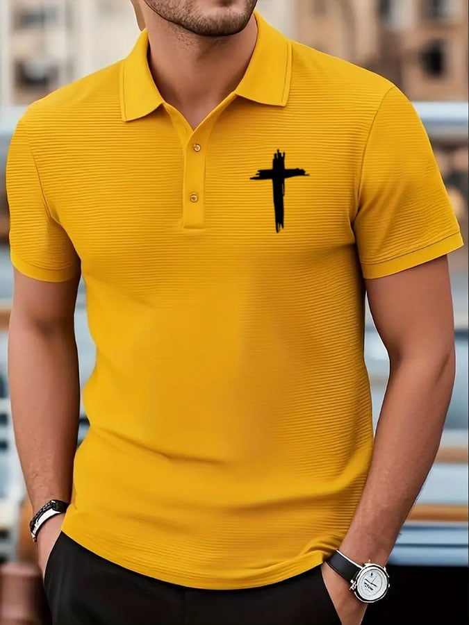 Men's Faith Cross Print Waffle Polo Shirt