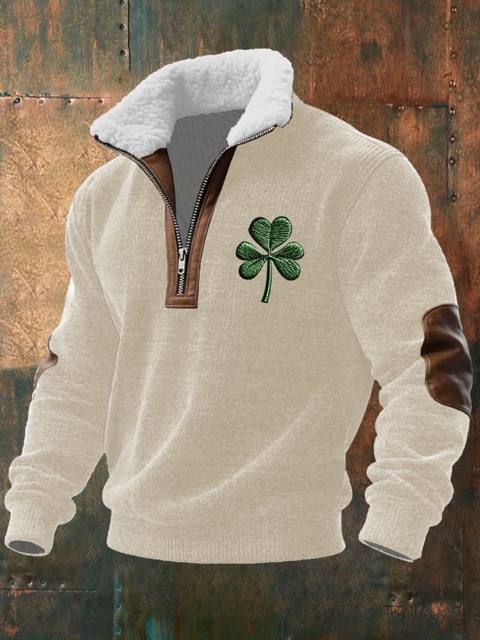 Men's Vintage St. Patrick's Day Print Long-Sleeved Sweatshirt With Fur Collar