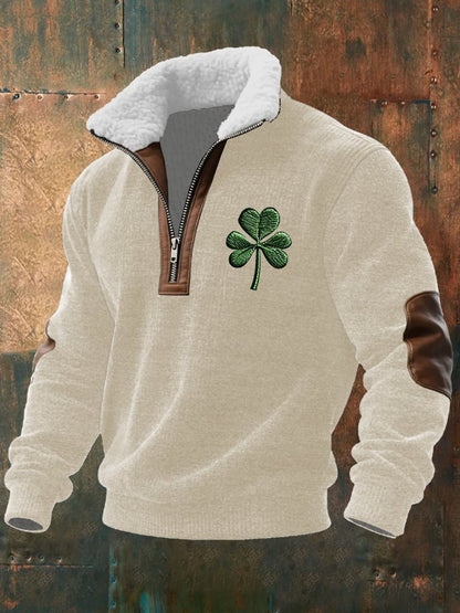 Men's Vintage St. Patrick's Day Print Long-Sleeved Sweatshirt With Fur Collar